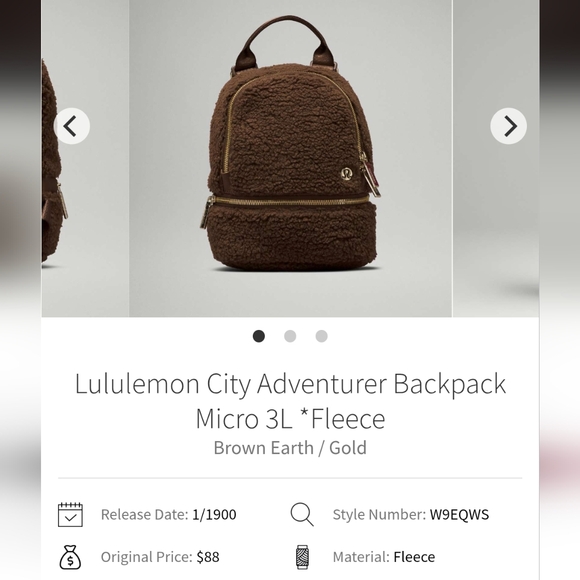 Lululemon City Adventurer Backpack Micro 3L *Fleece with Gold Hardware - Picture 5 of 5